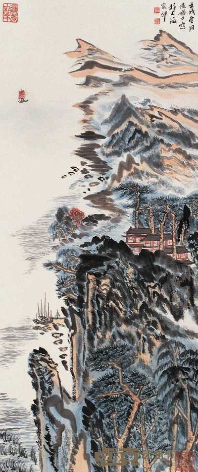 陆俨少 1982年作 江天帆影 立轴 93×39cm